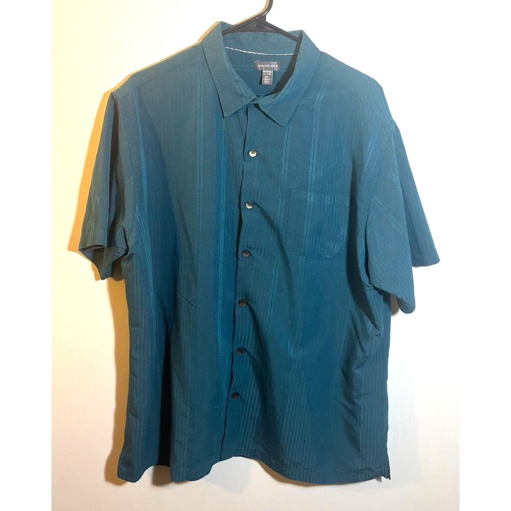 Van Heusen Men’s XL Short Sleeve Button-Up Shirt Teal Textured – Relaxed Casual